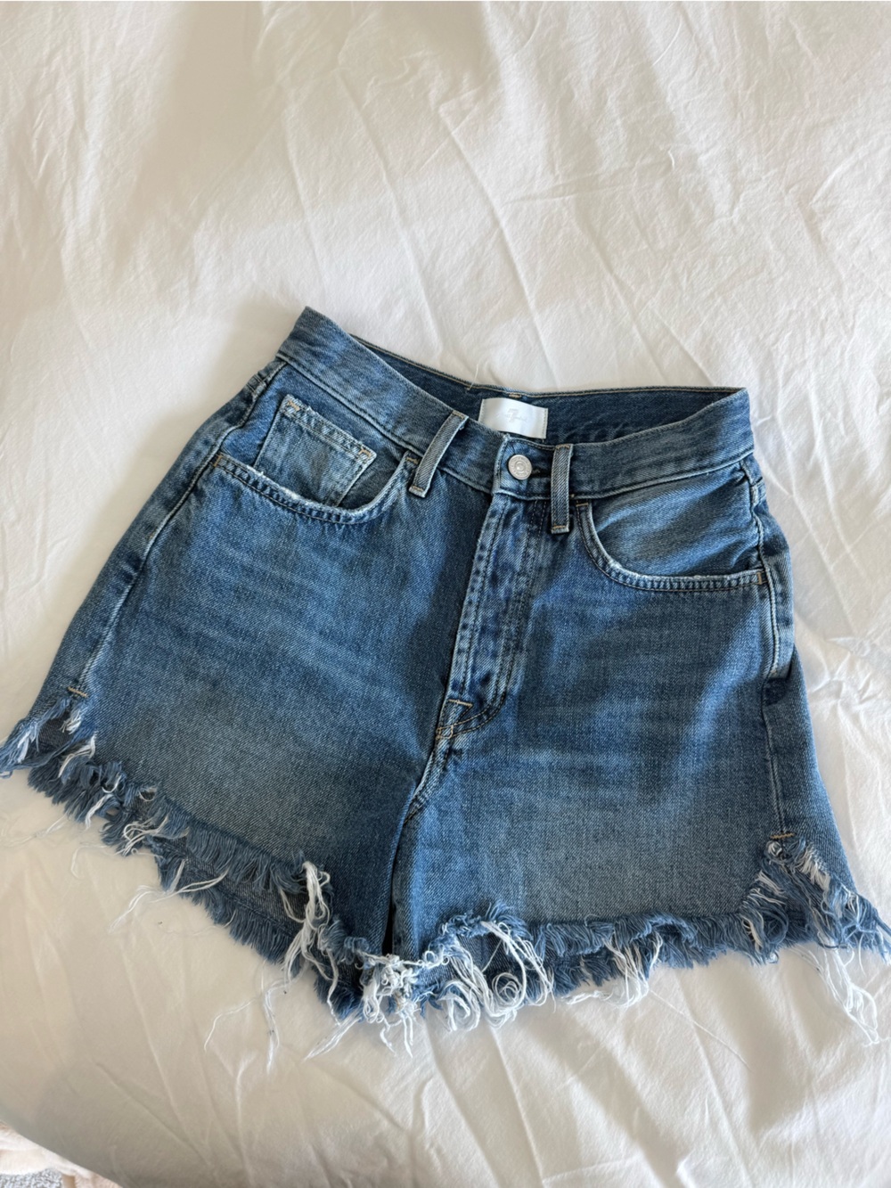 7 For All Mankind Raw Hem Denim Shorts in Medium Blue